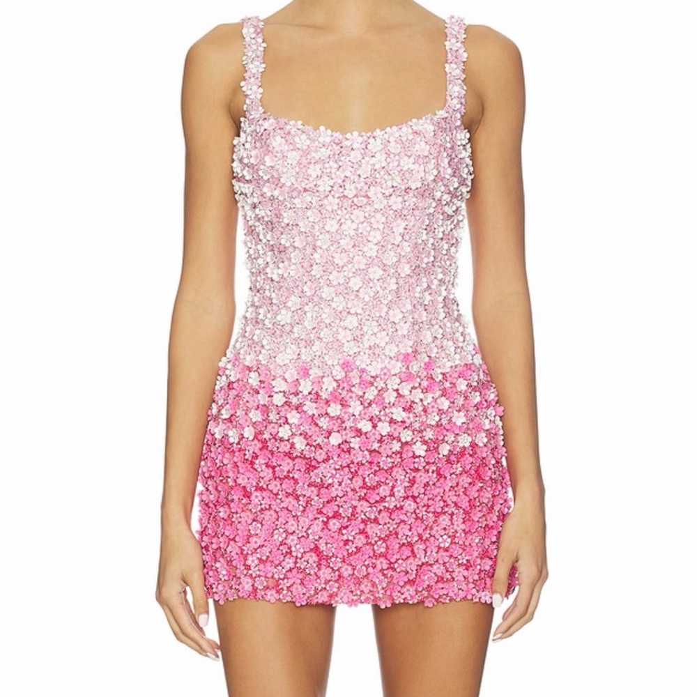Pink Ombre Floral Sequin Mini Dress with Square Neck